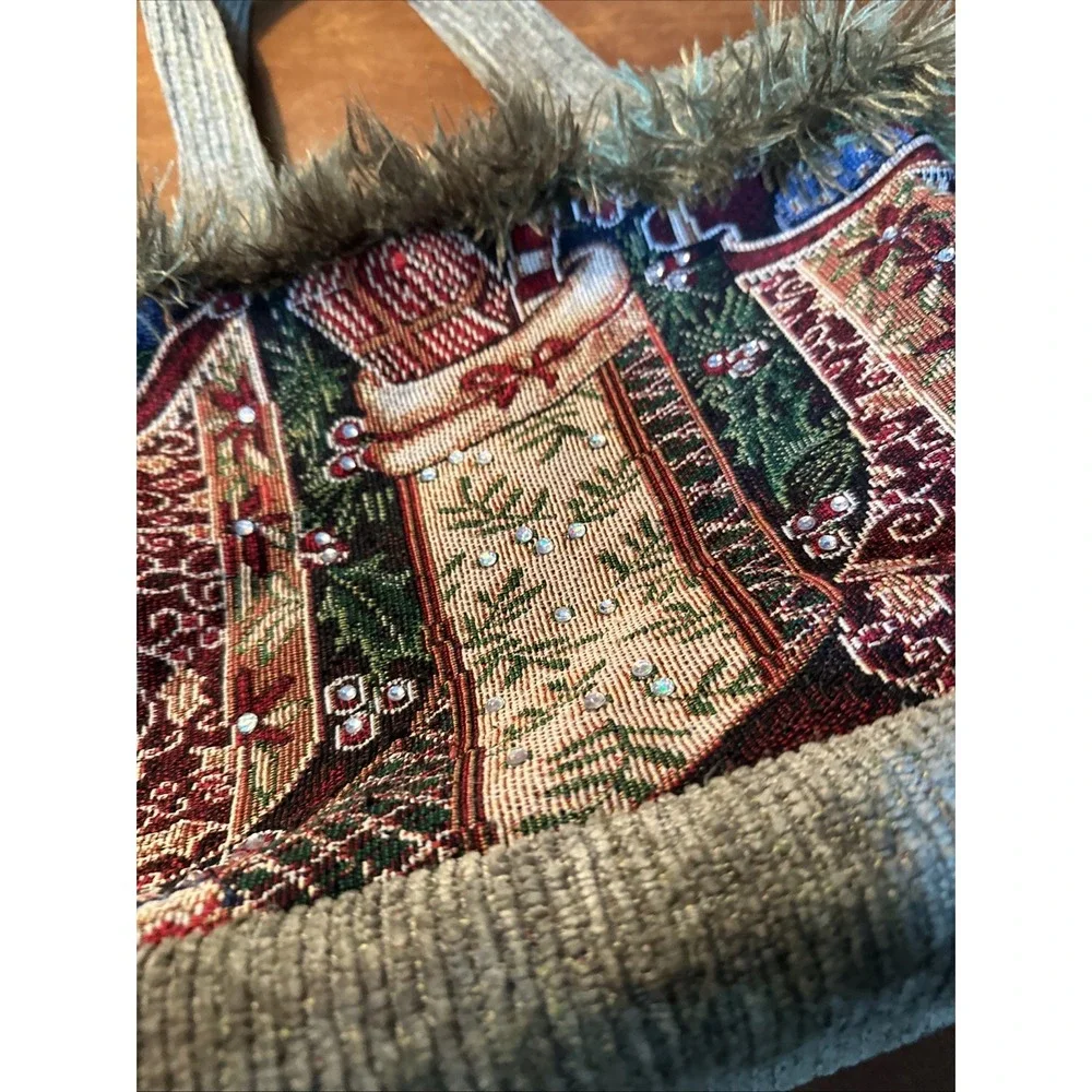 VTG Handmade Tapestry Christmas Tote Bag with Christmas Stockings And Bling